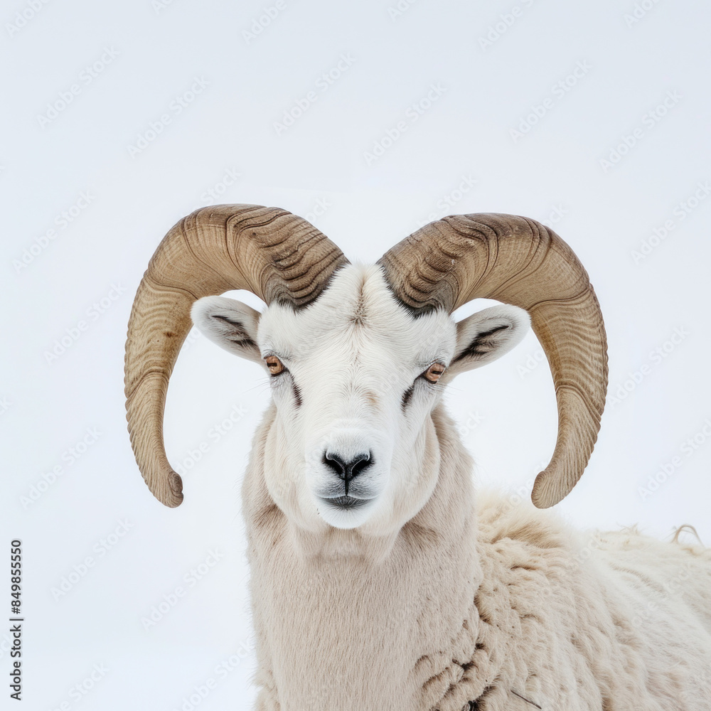 Majestic portrait of a Dall sheep ram with impressive curled horns, set against a stark white background. Majestic portrait of a Dall sheep ram with impressive curled horns, set against a stark white background.