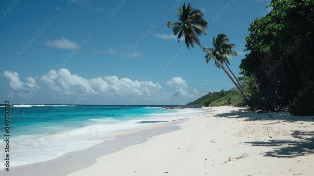Pristine white sand beach with turquoise waters and palm trees swaying in the breeze AI generated Pristine white sand beach with turquoise waters and palm trees swaying in the breeze AI generated