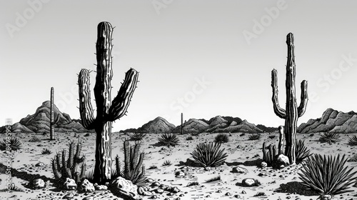 Stately cacti standing tall against a backdrop of rugged desert terrain AI generated photo
