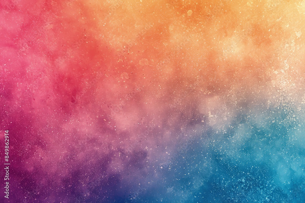 Obraz premium Vibrant gradient background featuring a smooth transition of colors from pink to orange to blue, with a textured splatter effect overlay.