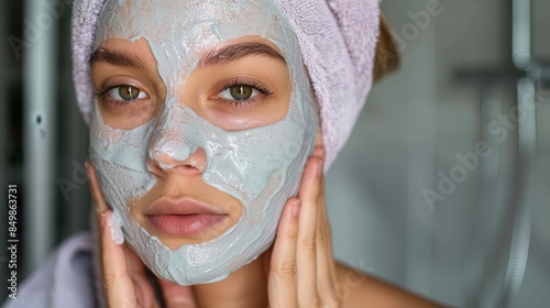 A woman examines her face mask in the mirror, reflecting on skincare photo