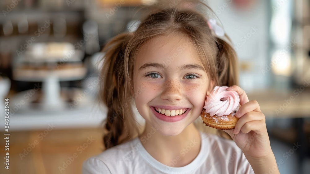A cheerful young girl enjoying a pink meringue dessert in a cafe setting, smiling widely A cheerful young girl enjoying a pink meringue dessert in a cafe setting, smiling widely
