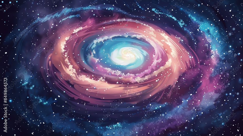 Spiral galaxy flat design top view cosmic theme cartoon drawing vivid Spiral galaxy flat design top view cosmic theme cartoon drawing vivid