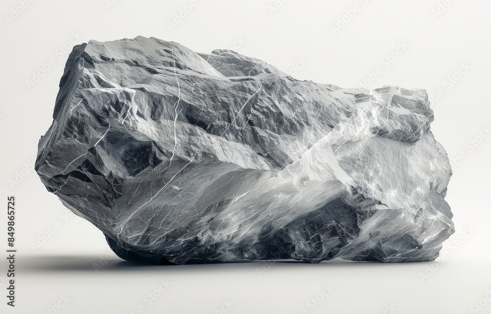 A large, jagged gray rock with shadows cast on a plain background.