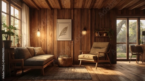 Cozy Living Room with Wooden Interior , featuring a large window. The room is furnished with a brown leather sofa, a wooden coffee table, and an armchair. There are plants and decorative items. © Henry