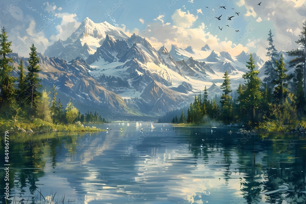 Fototapeta premium Serene Mountain Lake with Mirrored Surface and Snow-Capped Peaks