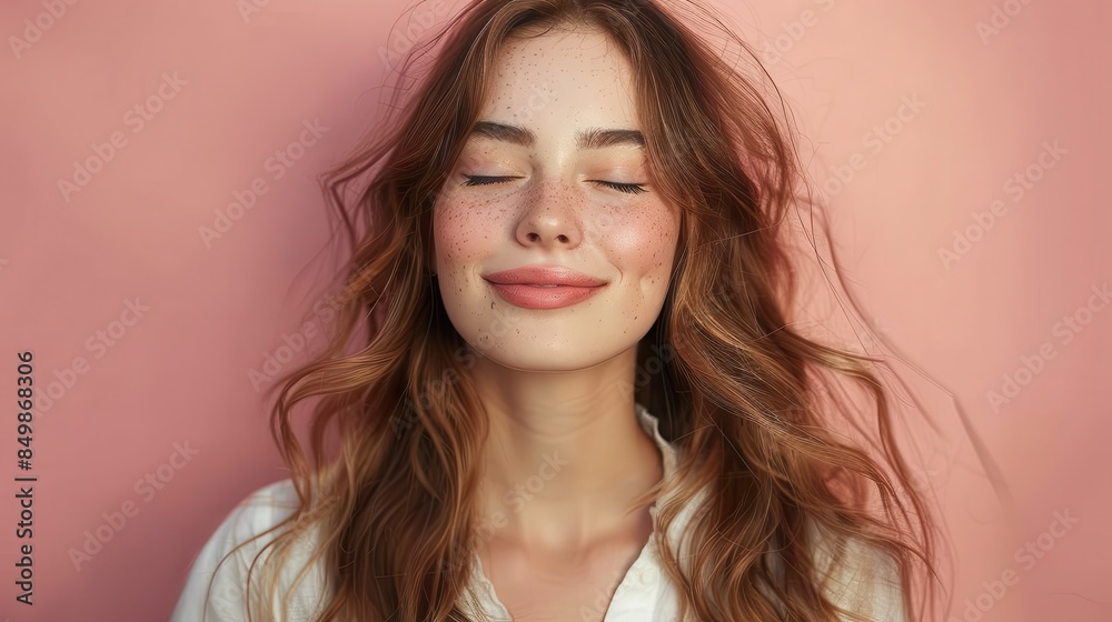 Peaceful woman with freckles and eyes closed, basking in serenity on a soft pink background Peaceful woman with freckles and eyes closed, basking in serenity on a soft pink background