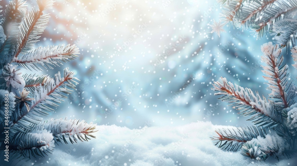 A magical winter landscape with snow-covered fir branches and falling snowflakes creating a festive atmosphere A magical winter landscape with snow-covered fir branches and falling snowflakes creating a festive atmosphere