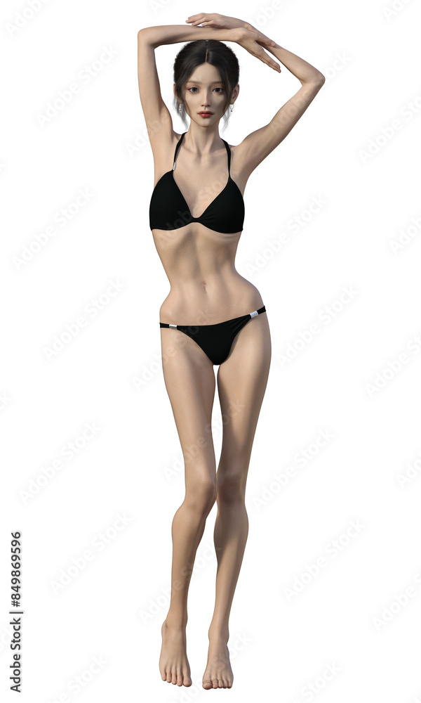 黒いビキニ姿の痩せ過ぎで不健康そうな女性のイラスト 日本人3Dモデルの全身正面 黒いビキニ姿の痩せ過ぎで不健康そうな女性のイラスト 日本人3Dモデルの全身正面