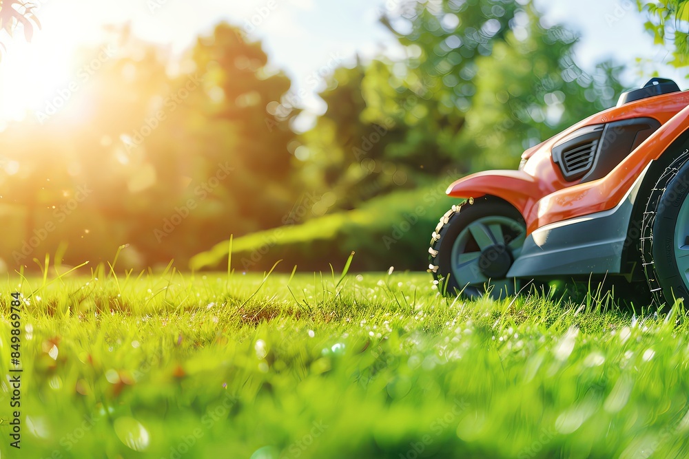 Close-up of a lawn mower cutting grass on a sunny day in a lush, green garden. Perfect for landscaping and gardening themes. Close-up of a lawn mower cutting grass on a sunny day in a lush, green garden. Perfect for landscaping and gardening themes.