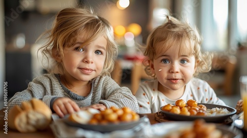 Two cute toddlers share a meal at home, with bowls of food and playful expressions, in a cozy dining setting © Lens Legacy
