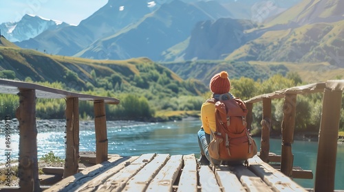 Girl traveler with backpack enjoy mountain nature sitting on wooden bridge Cheget KabardinoBalkaria Russia : Generative AI photo