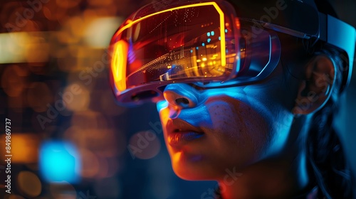 Woman wearing a futuristic virtual reality headset, illuminated by vibrant, colorful city lights, showcasing advanced VR technology in action.