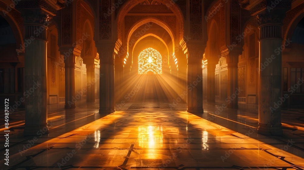 Majestic Mosque Hallway Illuminated by Warm Radiant Sunlight Highlighting Ornate Islamic Architecture Majestic Mosque Hallway Illuminated by Warm Radiant Sunlight Highlighting Ornate Islamic Architecture
