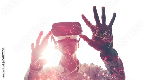 Plakat w ramie Person using virtual reality headset with light effects, exploring virtual environment with hands outstretched, experiencing immersive technology.