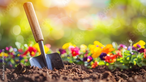 Close-up of a gardening trowel in soil, with vibrant flowers in the background, under bright sunlight. Perfect for spring gardening themes.