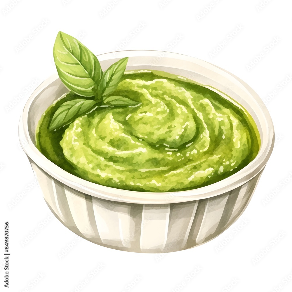Vibrant Homemade Pesto Sauce in a Bowl on White Background Vibrant Homemade Pesto Sauce in a Bowl on White Background