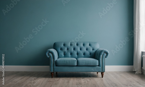 soft empty blue armchair stands, generative ai