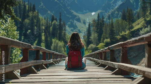 Girl traveler with backpack enjoy mountain nature sitting on wooden bridge Cheget KabardinoBalkaria Russia : Generative AI photo