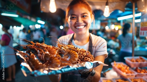 Poeple travel and eating street food concept Happy young adult asian foodie woman holding spicy grilled squid at southeast asia Chinatown market : Generative AI photo