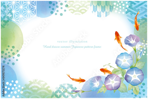 水彩タッチの朝顔と金魚の和柄の背景