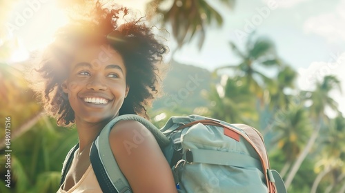 Joyful African American female tourist with touristic backpack smiling during summer vacations for visiting tropical island happy dark skinned woman with travel rucksack exploring envi : Generative AI photo