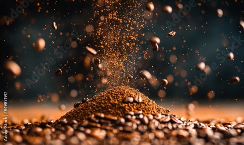 A close-up of coffee beans scattered on a surface, with some falling from the top.