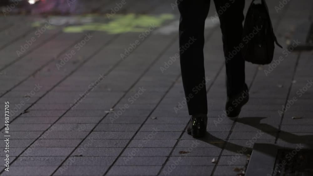 도시 밤거리 보도블럭 위 걸어가는 사람 발2(길거리+버스정류장+저녁+정장+서류가방+바닥+조명)