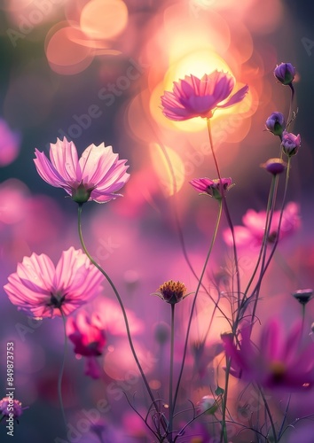 Colorful flowers in a blurred background with purple petals © Satyam