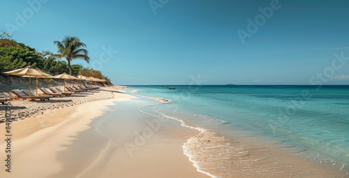 Tranquil Beach Scene with Palm Trees and Umbrellas © Satyam