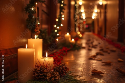 A festive scene with candles and pine cones on a table