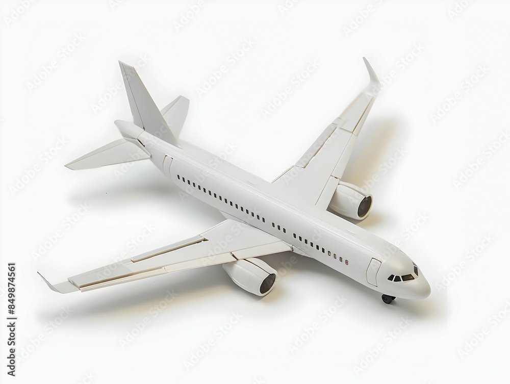 High-angle view of a white commercial airplane model isolated on a plain white background, ideal for travel or aviation concepts. High-angle view of a white commercial airplane model isolated on a plain white background, ideal for travel or aviation concepts.