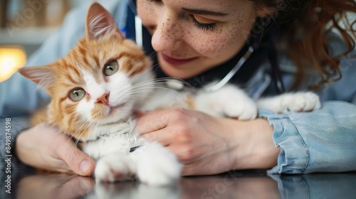 Close-up image of a comfortable orange cat with partial blurred image of a person stroking it, representing care