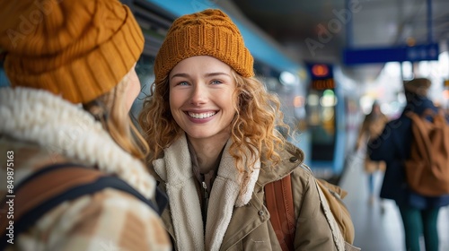 A bright, joyful smile is shared between two friends as they meet in an indoor transportation hub photo