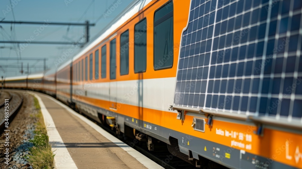 Fototapeta premium A side view of a train showcasing the solar panels on one side and the traditional power source on the other.