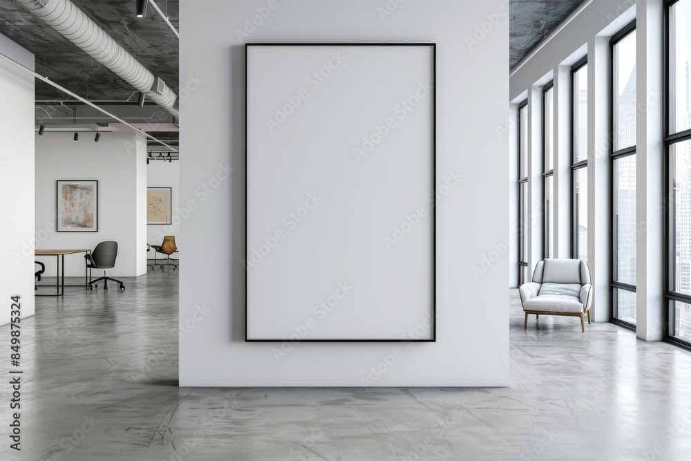 Mockup of blank wall with poster in office room created with Generative AI Mockup of blank wall with poster in office room created with Generative AI