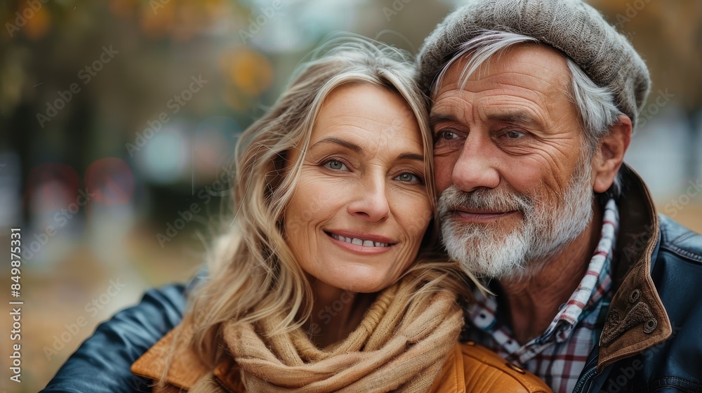 A senior man and woman with significant smiles posing for a timeless photograph in a park A senior man and woman with significant smiles posing for a timeless photograph in a park
