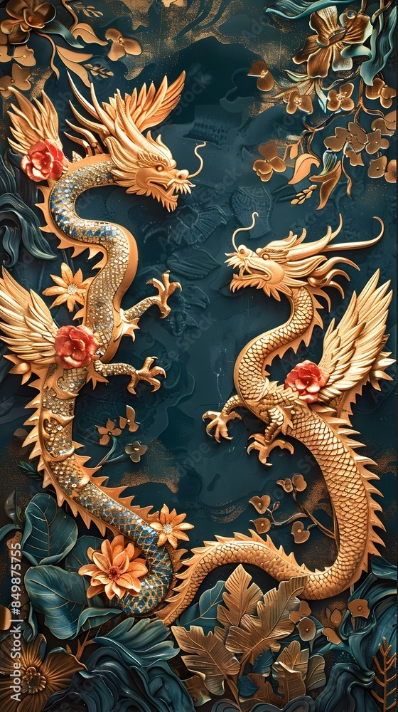 Majestic Thai Royal Motifs with Mythical Gilded Creatures and Lush Jungle Backdrop Majestic Thai Royal Motifs with Mythical Gilded Creatures and Lush Jungle Backdrop
