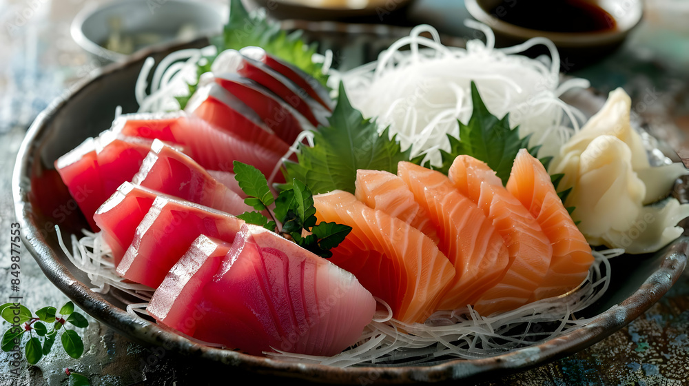 A platter of fresh and vibrant sashimi with daikon and shiso leaves A platter of fresh and vibrant sashimi with daikon and shiso leaves