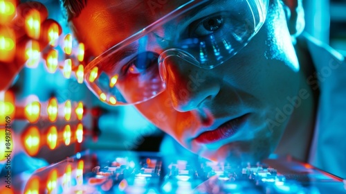 Closeup of a researcher inspecting the inner workings of a solar panel.