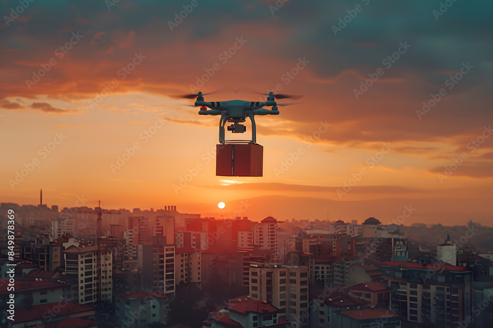 Drone delivering package in city skies Drone delivering package in city skies