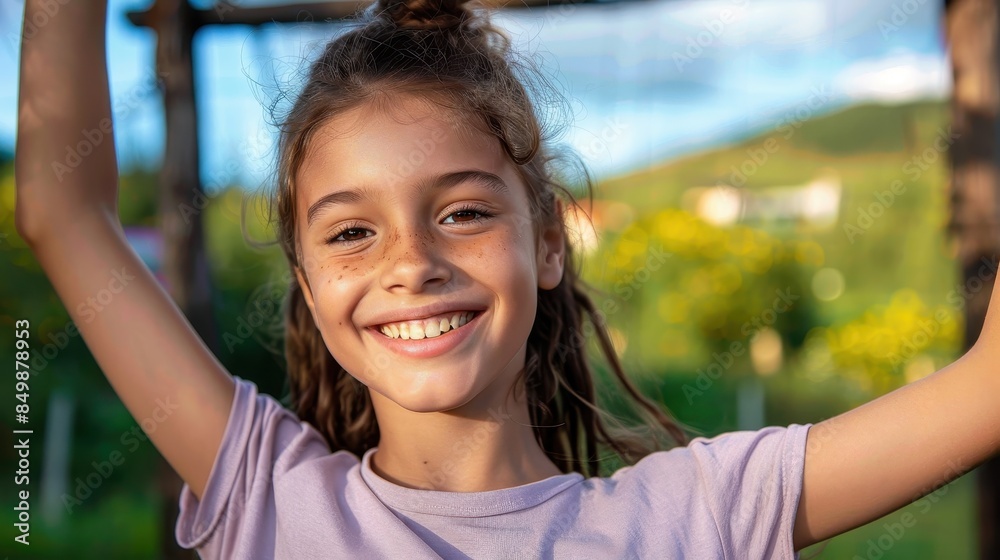 Young girl with a happy expression and arms raised enjoys the outdoors, warm light illuminates her Young girl with a happy expression and arms raised enjoys the outdoors, warm light illuminates her