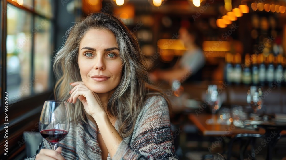 A poised woman with captivating eyes holds a glass of wine, seated at a bistro with ambient lighting A poised woman with captivating eyes holds a glass of wine, seated at a bistro with ambient lighting