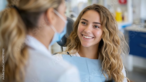 A joyful young woman is engaging with her dentist, exuding a sense of comfort and positivity about dental care