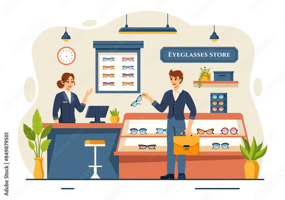 Vector Illustration of an Eyeglasses Store or Optical Shop featuring Accessories, an Optician, Vision Checking, and Eyeglasses in a Flat Background Vector Illustration of an Eyeglasses Store or Optical Shop featuring Accessories, an Optician, Vision Checking, and Eyeglasses in a Flat Background