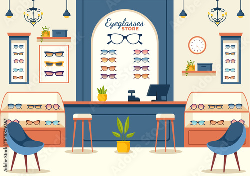 Vector Illustration of an Eyeglasses Store or Optical Shop featuring Accessories, an Optician, Vision Checking, and Eyeglasses in a Flat Background