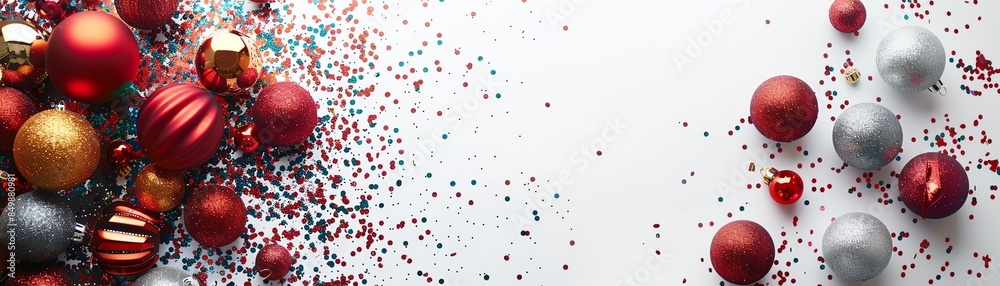 Obraz premium Festive Christmas background with red and silver ornaments and scattered confetti, creating a cheerful holiday atmosphere.