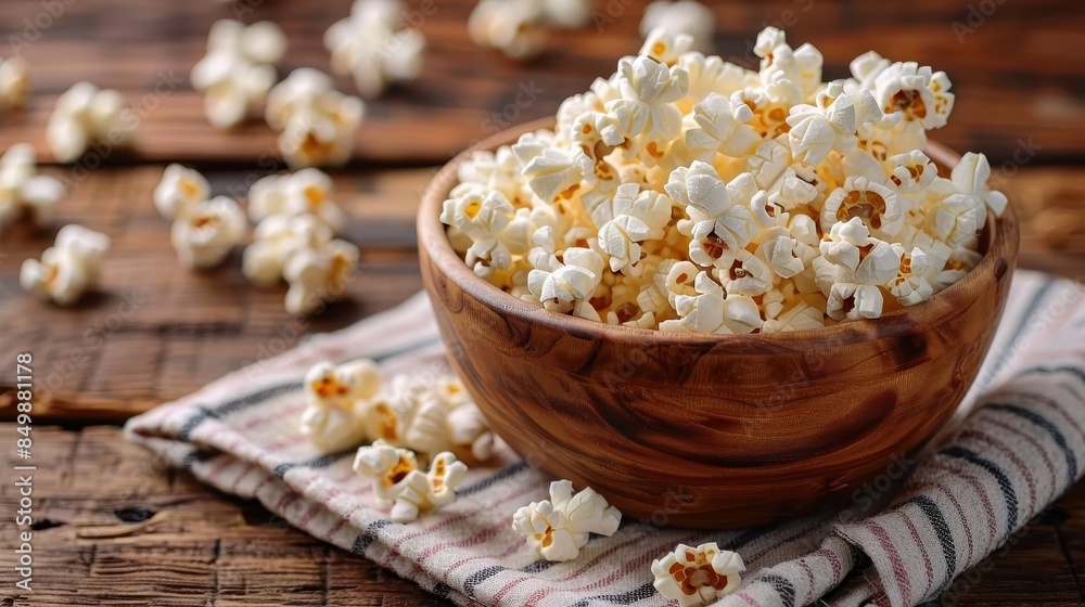 Freshly popped popcorn in a round wooden bowl with corn kernels on striped cloth and wood backdrop Freshly popped popcorn in a round wooden bowl with corn kernels on striped cloth and wood backdrop