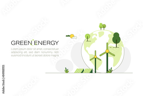Green Energy Concept. Sustainable renewable energy sources. Environmental, Social, and Corporate Governance concept. Flat Vector illustration.