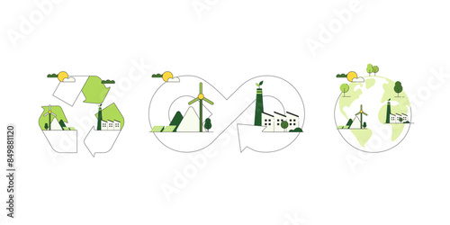 Circular Economy. ESG concept. Green Energy Concept. Sustainable development for Ecology and Environment. Flat minimal style. Vector Illustration.